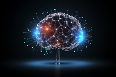 Digital brain. Science and Technology concept. Low poly wire frame mesh illustration. IQ testing. Concept of human intelligence. By generative Aiの素材