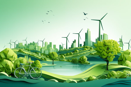 Urban cityscape and skyscraper with green tree and park background. Save the planet and energy concept. Paper cut and craft style illustration by generative Aiの素材