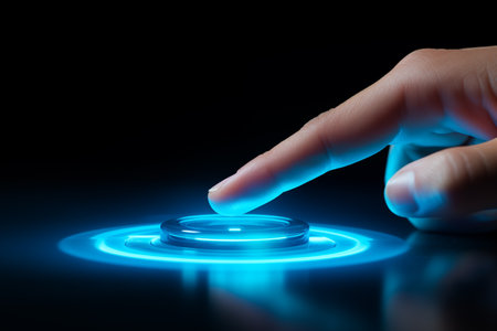 Hand press digital button with virtual light in dark background. Future concept or cyber communication hologram. By generative Aiの素材