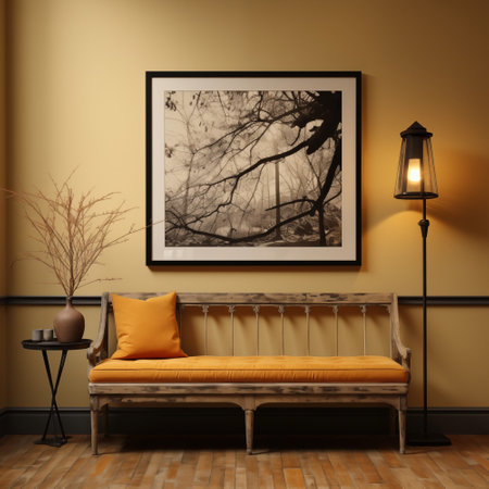 Wooden bench with pillows in yellow interior with poster and plant decoration. By generative Aiの素材
