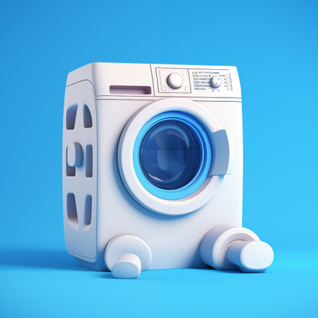 Modern White Washing Machine on blue background. household or laundry equipment. 3d illustration by generative Aiの素材