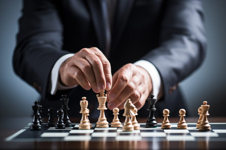 Hand of businessman moving chess figure in competition. Business planning strategy concept. By generative Aiの素材