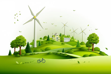 Paper art style of landscape with eco green city. Save the planet and energy concept. Paper cut and craft style illustration by generative Aiの素材