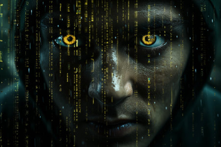 Artificial intelligence technology futuristic background. Green binary coding letters on human face. By generative Aiの素材