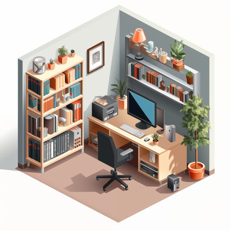 isometric workplace in home office room. Office table and chair, computer monitor, laptop, bookshelf. By generative Aiの素材