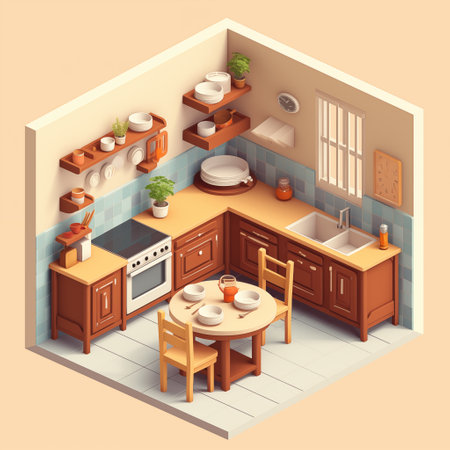 Modern kitchen room interior with furniture and household appliances in isometric style by generative Aiの素材