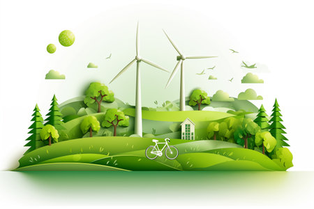 Paper art style of landscape with eco green city. Save the planet and energy concept. Paper cut and craft style illustration by generative Aiの素材