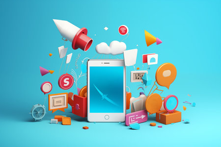 Digital marketing 3d illustration. Social Media Marketing, Promotion and Internet advertising concept. 3d illustration by generative Aiの素材