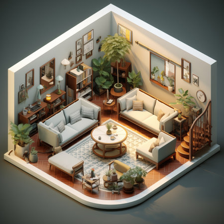 Isometric view living room with houseplants and bookshelves. Interior architecture. By generative Aiの素材