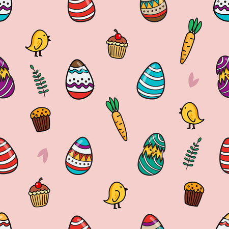 Colorful easter eggs seamless pattern doodle style. Hand drawn easter eggs collection. Vector illustrationのイラスト素材