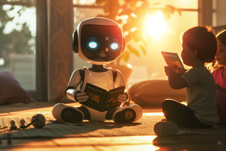 The robot is holding and reading a storybook surrounded by captivated children. Learning with smart robot concept. By generative Aiの素材