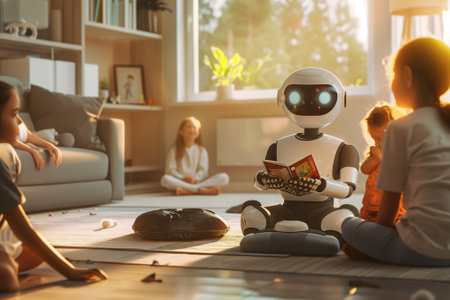 The robot is holding and reading a storybook surrounded by captivated children. Learning with smart robot concept. By generative Aiの素材