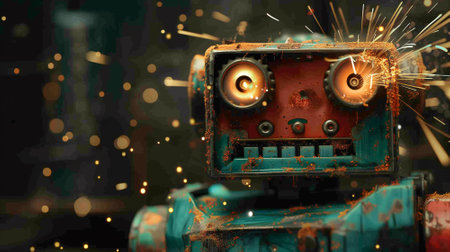 Sparks shooting from a dented head of retro robot. its eyes wide with surprise. Malfunction retro robot. By generative Aiの素材