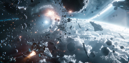 Spaceships in the chaos of battle on swirling mirrorscape galaxy forms in the background. By generative Aiの素材