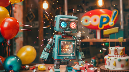 Retro robot intended for a surprise party. stands amidst a pile of fallen balloons and a toppled cake. Sparks fly from its head like confetti. By generative Aiの素材