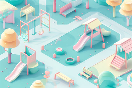 Isometric game map of a whimsical playground in soft pastel colors. Include clean pixel slides, swings and a sandbox. minimalist design with simple geometric shapes. By generative Aiの素材