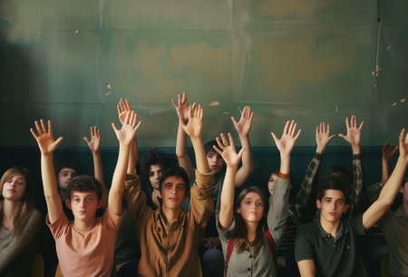 Students raising their hands while sitting on their desk in the class at school. school and education concept. By generative Aiの素材