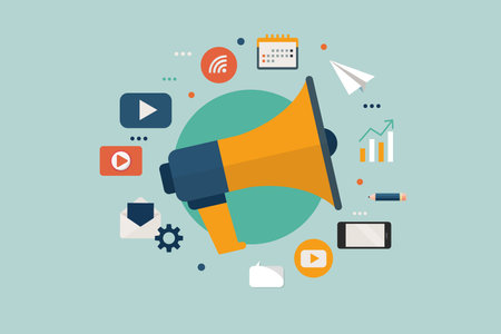 Megaphone with flat icons business marketing concept. Business conceptual vector illustrationのイラスト素材