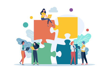 people connecting puzzle elements. Business concept. Team metaphor. Vector illustrationのイラスト素材