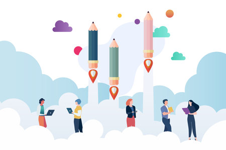 People with pencil rockets launching. Education concept. Vector illustrationのイラスト素材