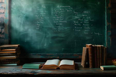 Vintage college classroom with blackboard. Education and reading concept. By generative Aiの素材
