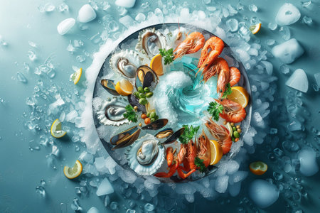 Roasted Mixed Seafood Contain Mussels, prawns, salmon,  Seafood and meat platter. Mediterranean food. By generative Aiの素材
