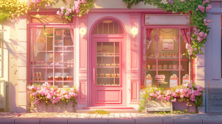 Cute and charming street cafe shop. Anime style illustration.の素材