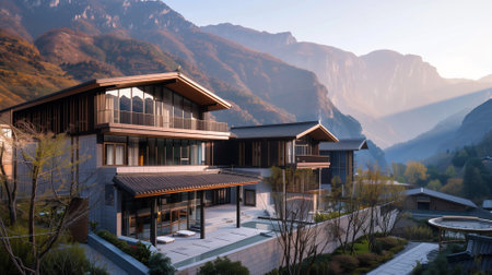 Wide angle view of modern japanese hotel. Mountain landscape background. By generative Aiの素材