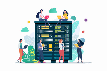 Technician works in huge server room. data storage. cloud storage. computing technology flat...