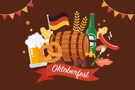 Happy Oktoberfest Party Festival with Beer, Sausage, Gingerbread and German Flag. Flat Cartoon Hand Drawn Templates. Vector Illustrationのイラスト素材