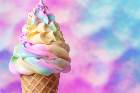 Close up view of rainbow colored ice cream. Pastel color. By generative Aiの素材