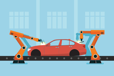 Vehicle production manufacturing processes robotic arms helping car production. robotics industry insights automotive and electronics. smart factory industrial. vector illustrationのイラスト素材