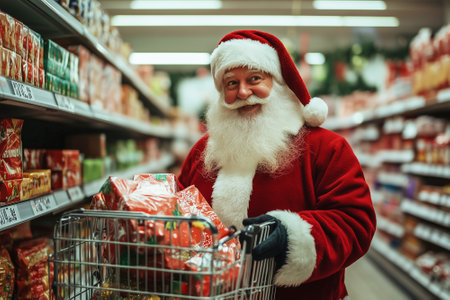 Santa Claus character with shopping cart buys boxes with gifts and toys for children in supermarket. Christmas holiday. By generative Aiの素材