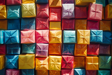 Set of multicolored gift boxes. Top view. By generative Aiの素材