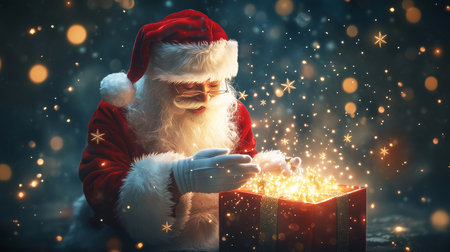 Santa claus opening christmas present with shiny stars. Christmas scene. By generative Aiの素材