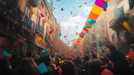 Crowd Celebrating Under the colorful flags. outdoor party and market. By generative Aiの素材