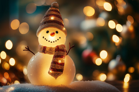 Snowman in led lamp with christmas tree. bokeh light background. By generative Aiの素材