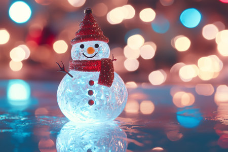 Snowman in led lamp with christmas tree. bokeh light background. By generative Aiの素材