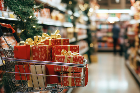 Shopping trolley with a gift boxes in supermarket. By generative Aiの素材