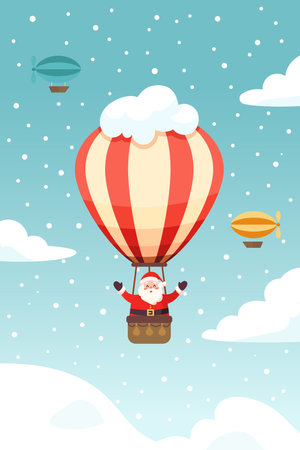 Santa Claus and The Hot Air Balloon For Christmas Card. Festive poster for Christmas design. Vector illustration. Transportation conceptのイラスト素材
