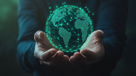Green technology or environmental technology concept. Hand holding green digital earth. By generative Aiの素材