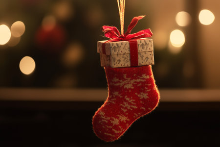 Christmas stocking with gift box hanging in house. By generative Aiの素材