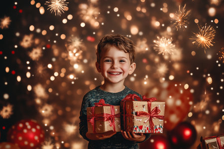 Smile kid with many gift boxes. New Year gift. By generative Aiの素材