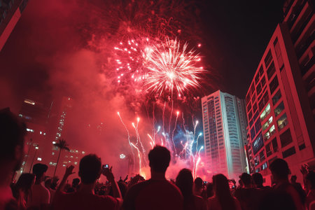 Firework and dance party of crowd in new year event. crowd celebrating the New Year. By generative Aiの素材