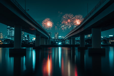 Skyline at night with fireworks. Colorful fireworks and Bridge. By generative Aiの素材