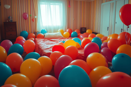 Colorful balloons flying in the bedroom. Birthday Balloons for Party and Celebrations. By generative Aiの素材