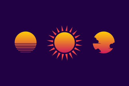 Retro sunset. sun for cyberpunk. Set of neon gradient graphic for summer logo. Vector illustrationのイラスト素材