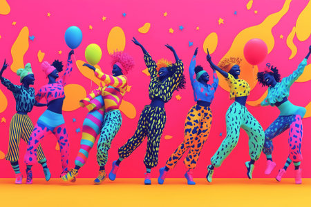 Silhouettes of a group of people dancing on an abstract background. Dance party. By generative Aiの素材