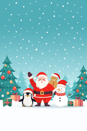 Poster of Santa claus with snowman gingerbread man and penguin in snow field. snow field with christmas trees. Cute cartoon. Vector illustrationのイラスト素材