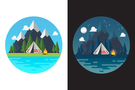 Camping tent with landscape at day and night logos. Vector illustrationのイラスト素材
